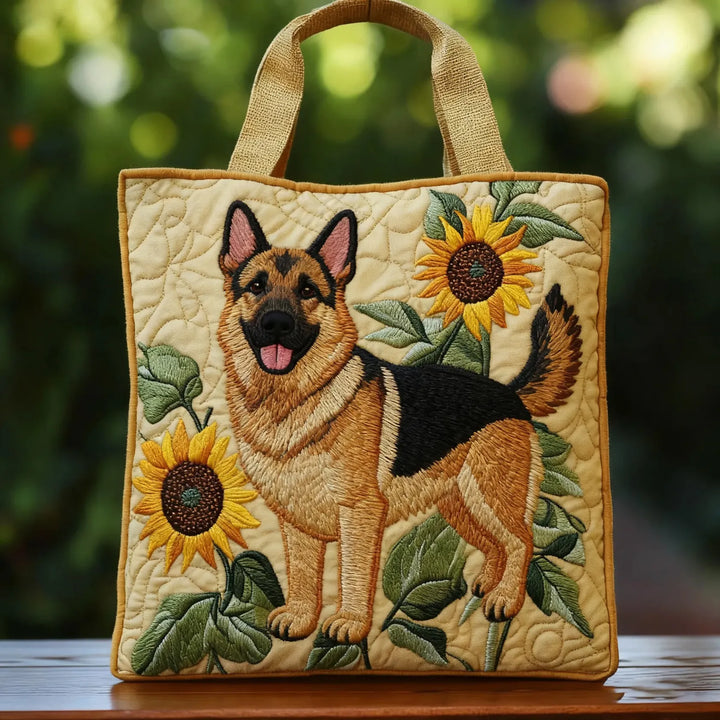 Gequiltete Tragetasche mit Blumenmotiv und Deutschem Schäferhund