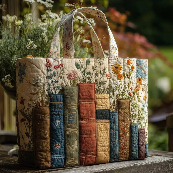 Gequiltete Tragetasche mit Bücher- und Blumenmotiv