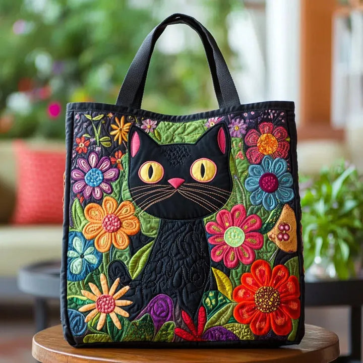 Gequiltete Tragetasche mit schwarzer Katze und Blumenmuster