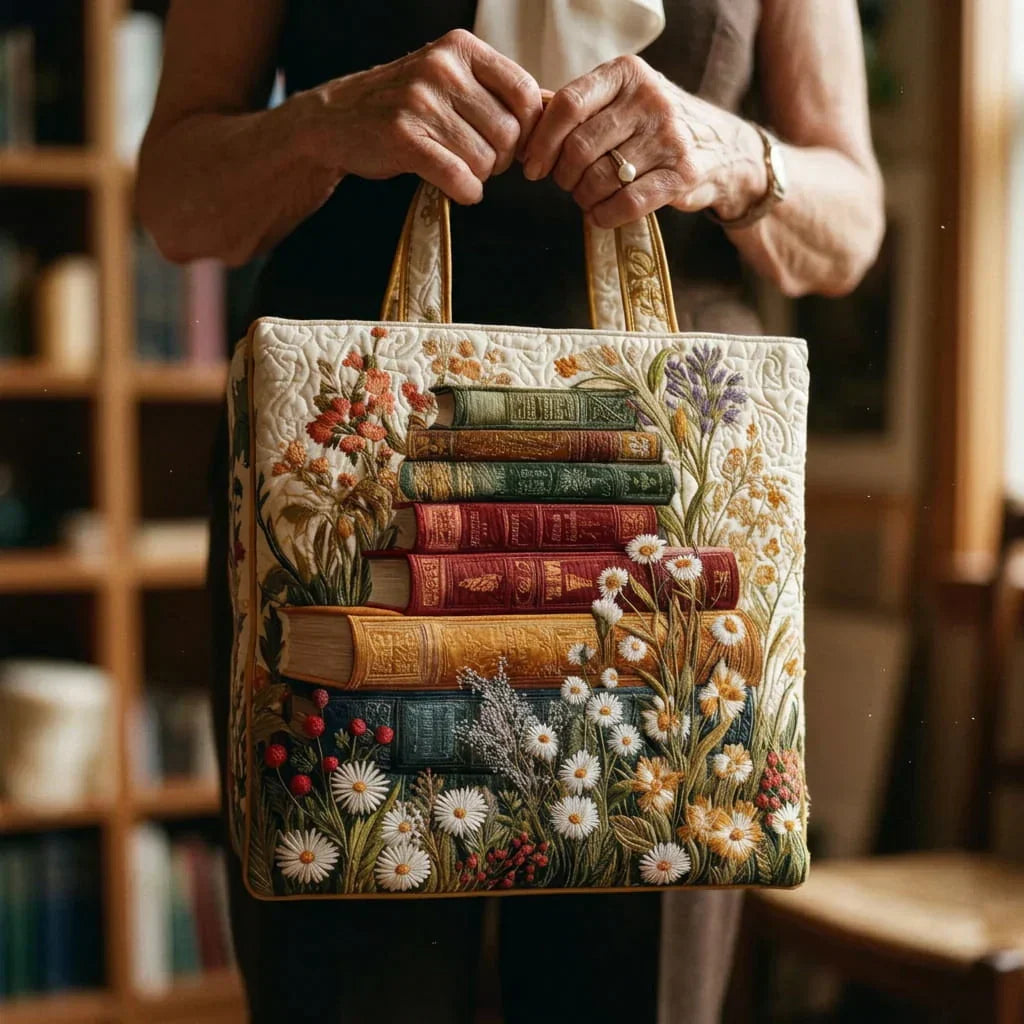 Gestepptes Tragetasche mit Blumenmuster und Büchern
