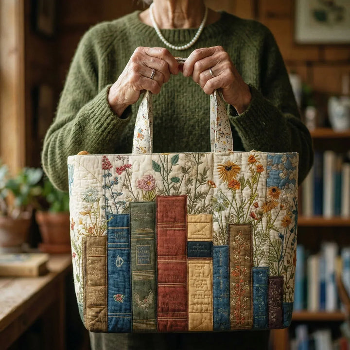 Gequiltete Tragetasche mit Bücher- und Blumenmotiv