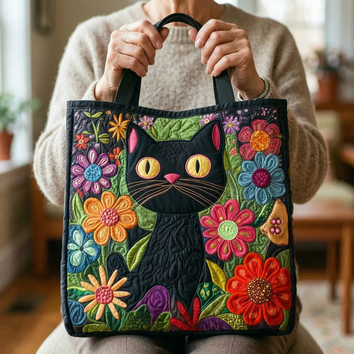 Gequiltete Tragetasche mit schwarzer Katze und Blumenmuster