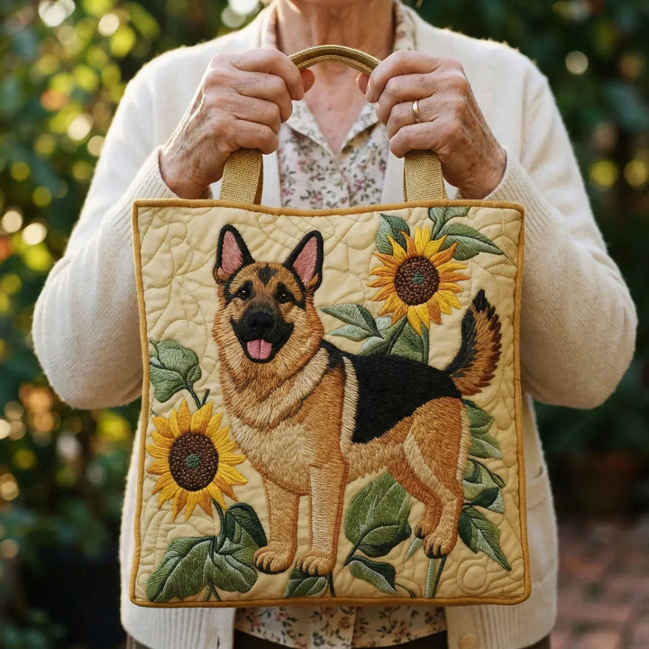 Gequiltete Tragetasche mit Blumenmotiv und Deutschem Schäferhund